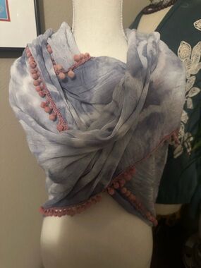 NATURAL LIFE Light Blue Tie-Dye Scarf with Pink Pom Trim